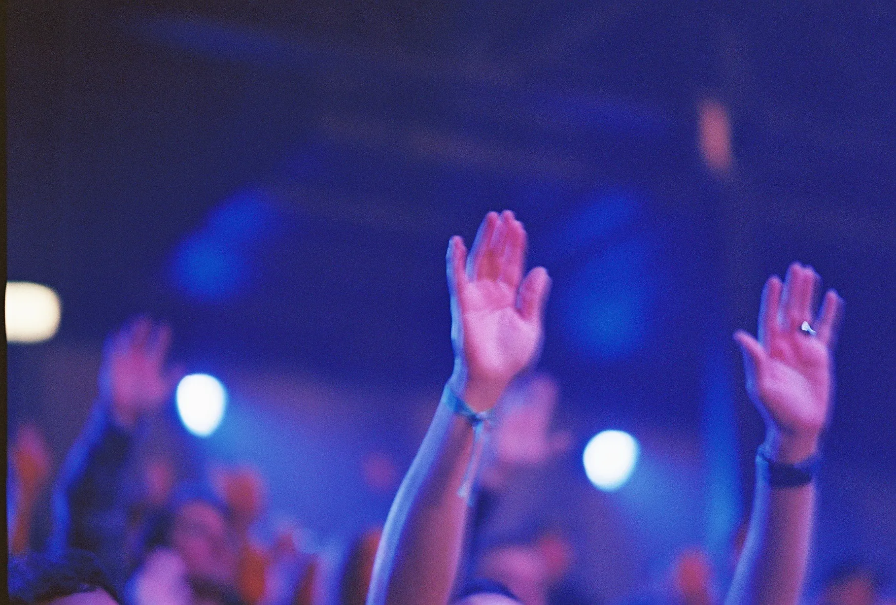 A blurred film photo of hands raised in a crowd lit by blue and gold stage light.